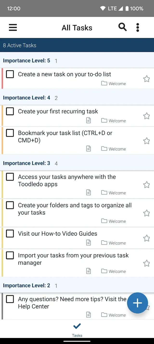 Tasks grouped by importance level on the Toodledo Android app